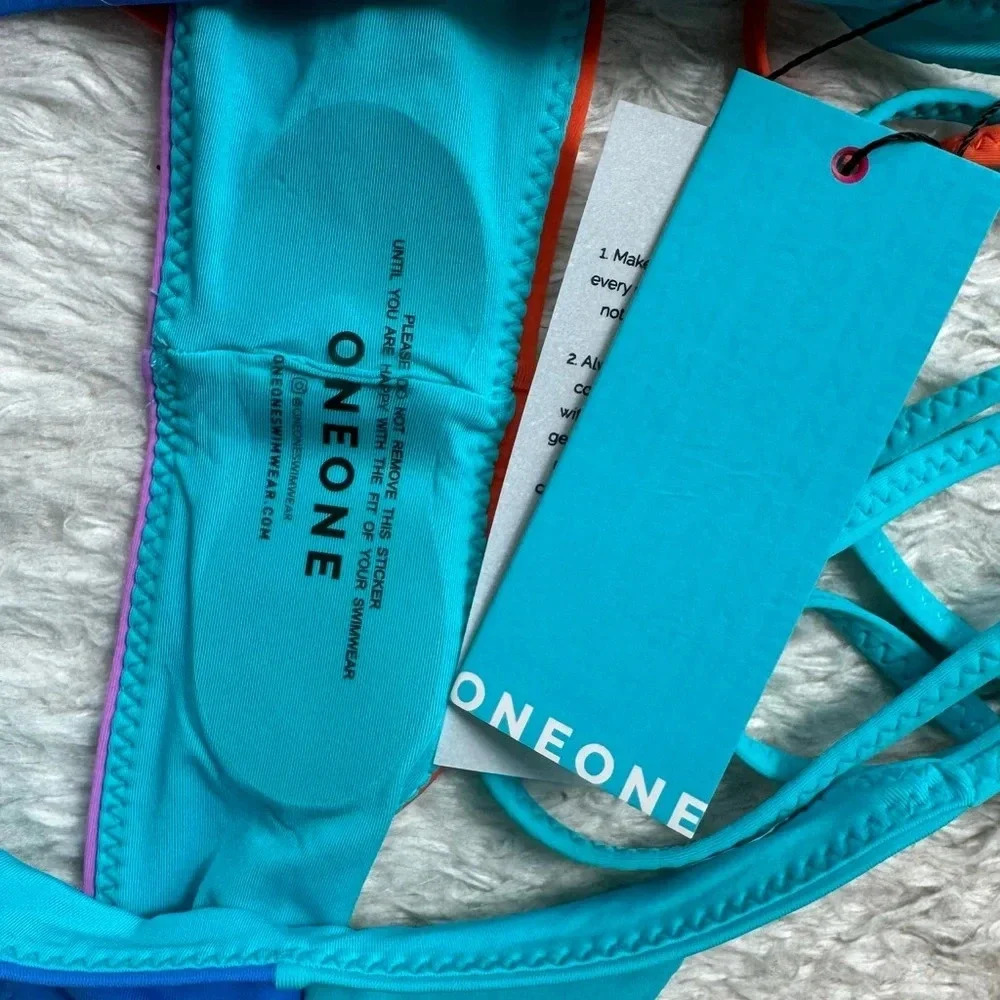 NWT OneOne Swimwear Bikini SET Ariel Bilbao Print Triangle NEW Multicolor Cute - Picture 3 of 9